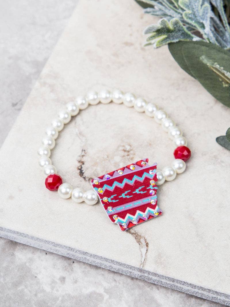 Red Aztec Print Arkansas Bracelet with AB Crystals: RED / One Size