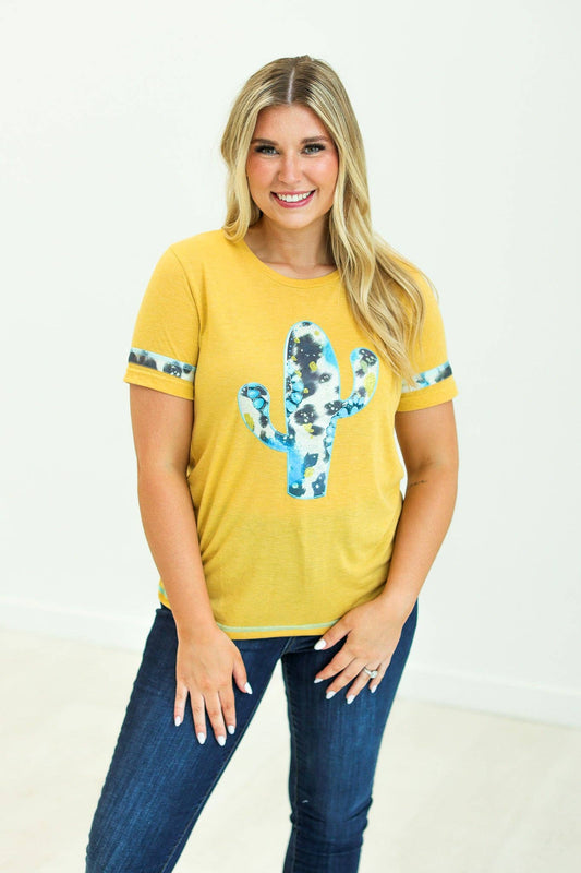 Cactus and Turquoise on Mustard Tee with Cowprint: Yellow / S