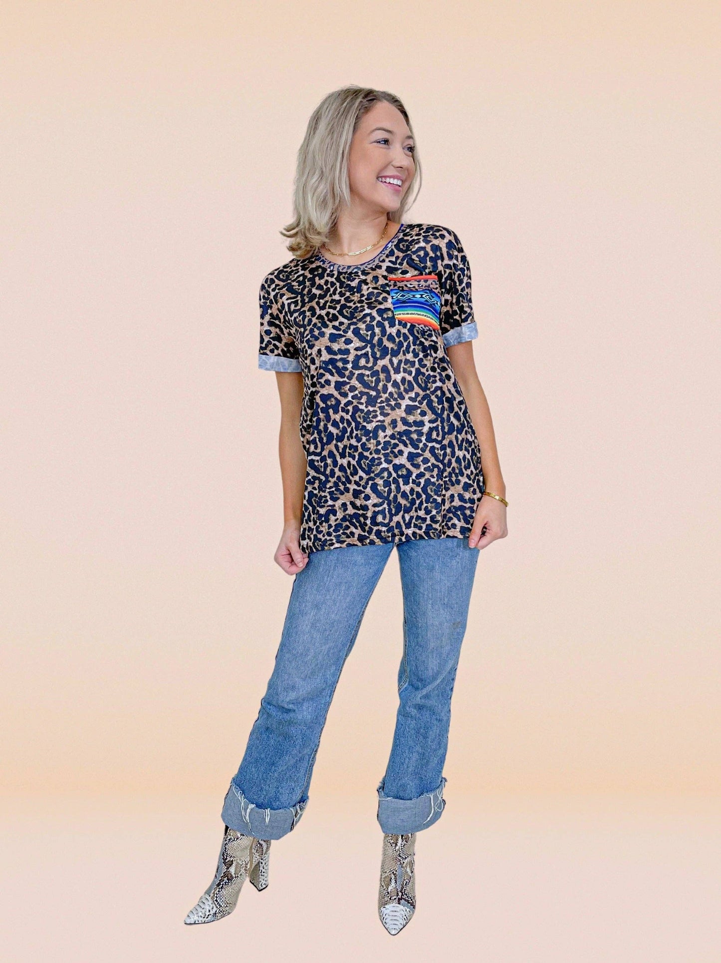 Leopard Top with Serape Pocket: Leopard / Small