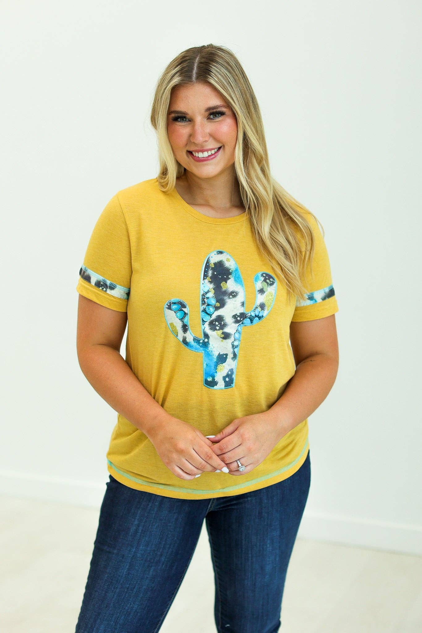 Cactus and Turquoise on Mustard Tee with Cowprint: Yellow / S