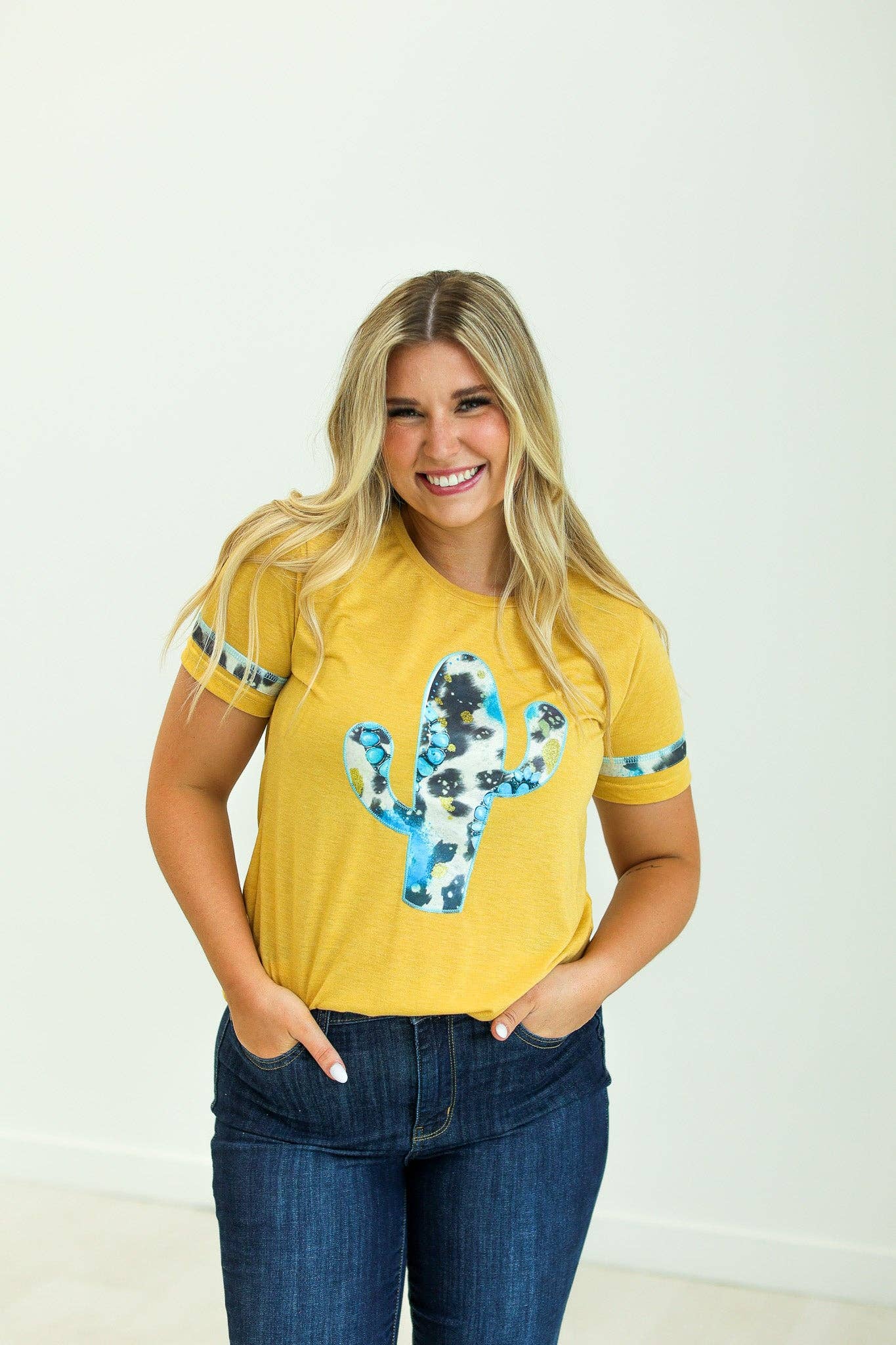 Cactus and Turquoise on Mustard Tee with Cowprint: Yellow / S