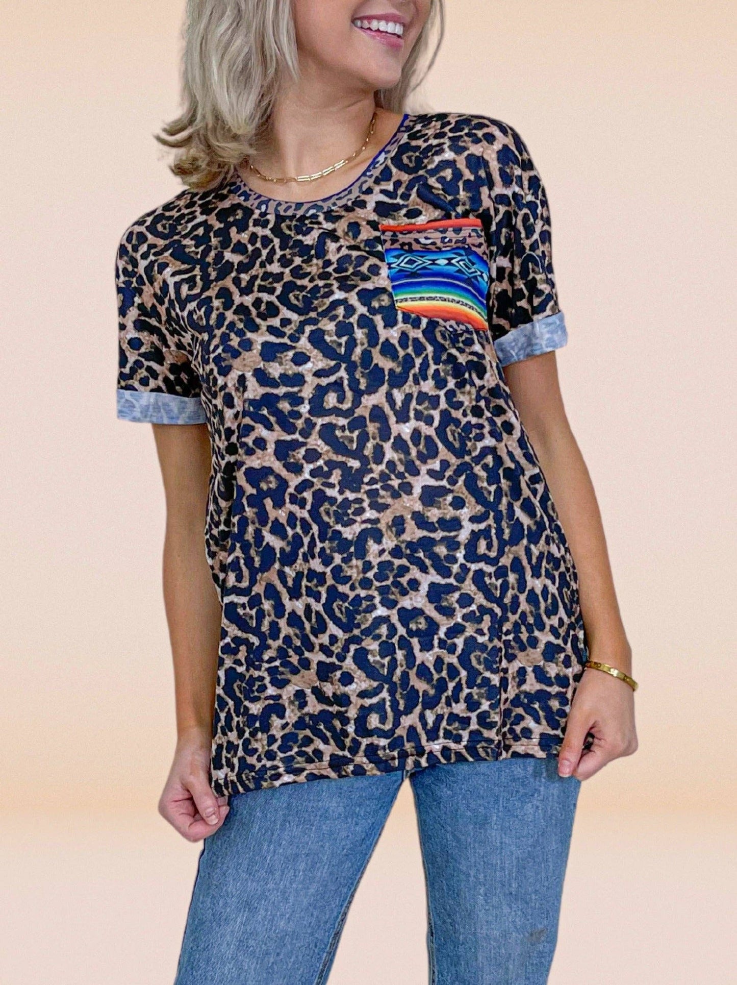 Leopard Top with Serape Pocket: Leopard / Small