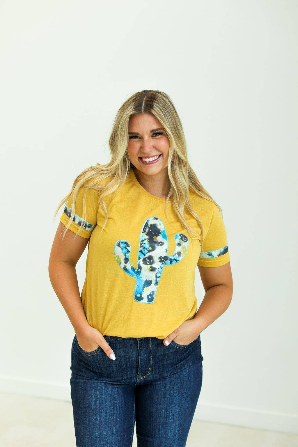 Cactus and Turquoise on Mustard Tee with Cowprint: Yellow / S
