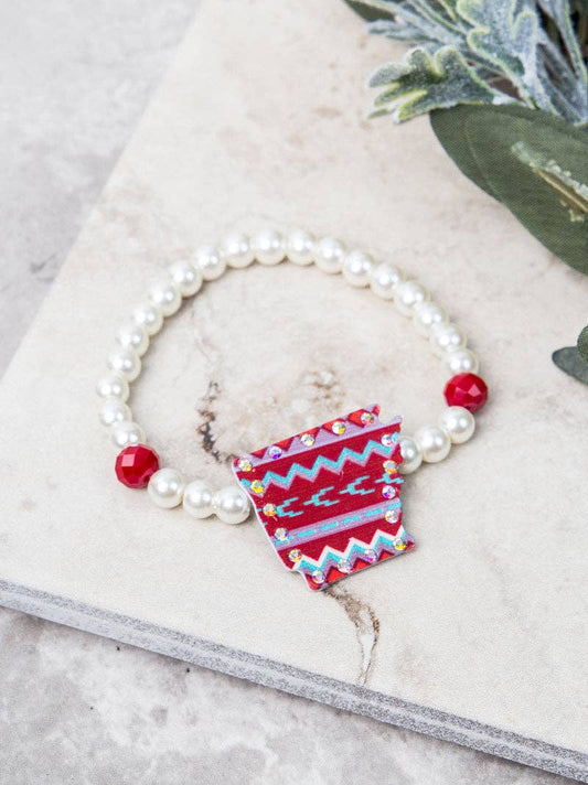Red Aztec Print Arkansas Bracelet with AB Crystals: RED / One Size