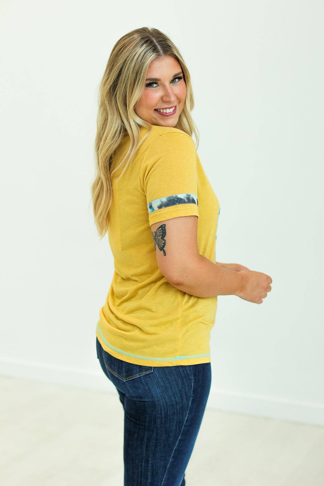 Cactus and Turquoise on Mustard Tee with Cowprint: Yellow / S