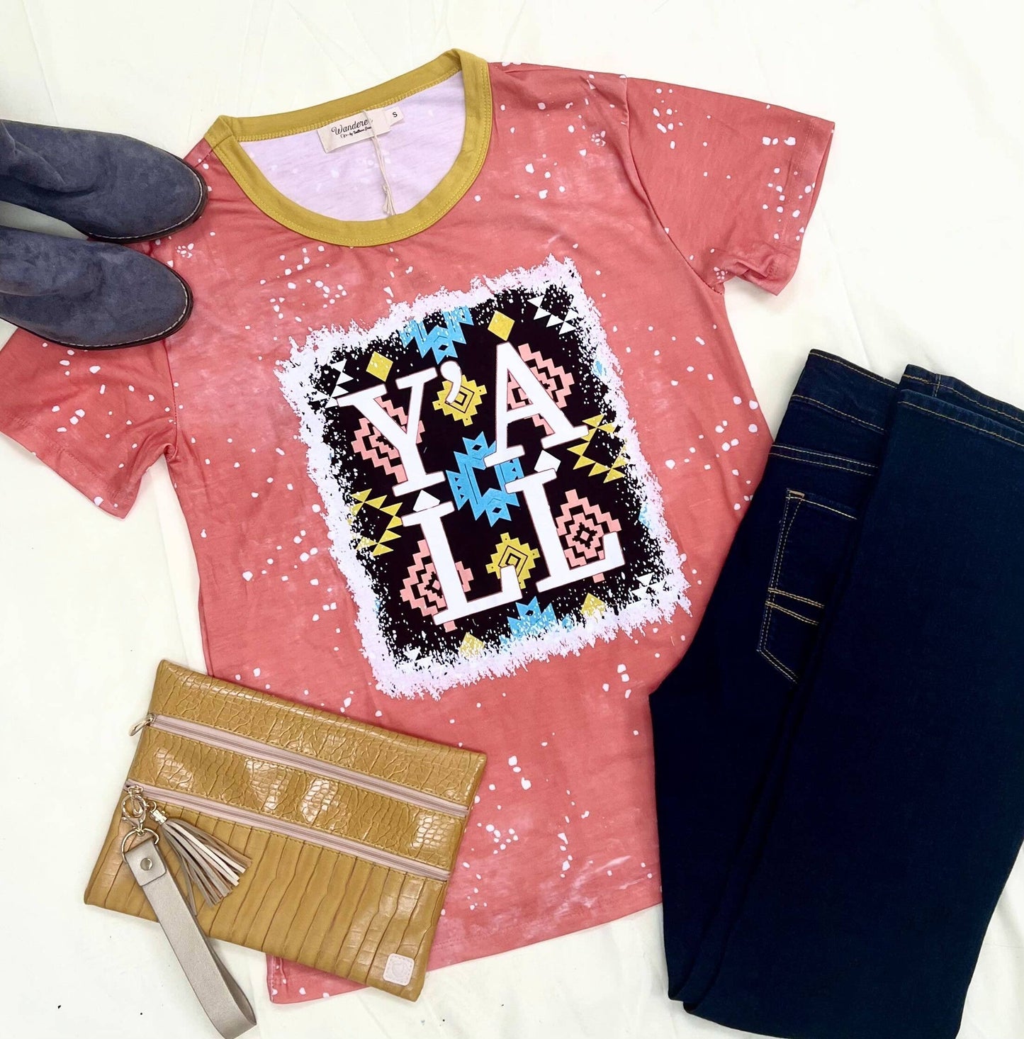Aztec Y'all on Pink Splatter Ringer Tee: Mix Pattern / Medium