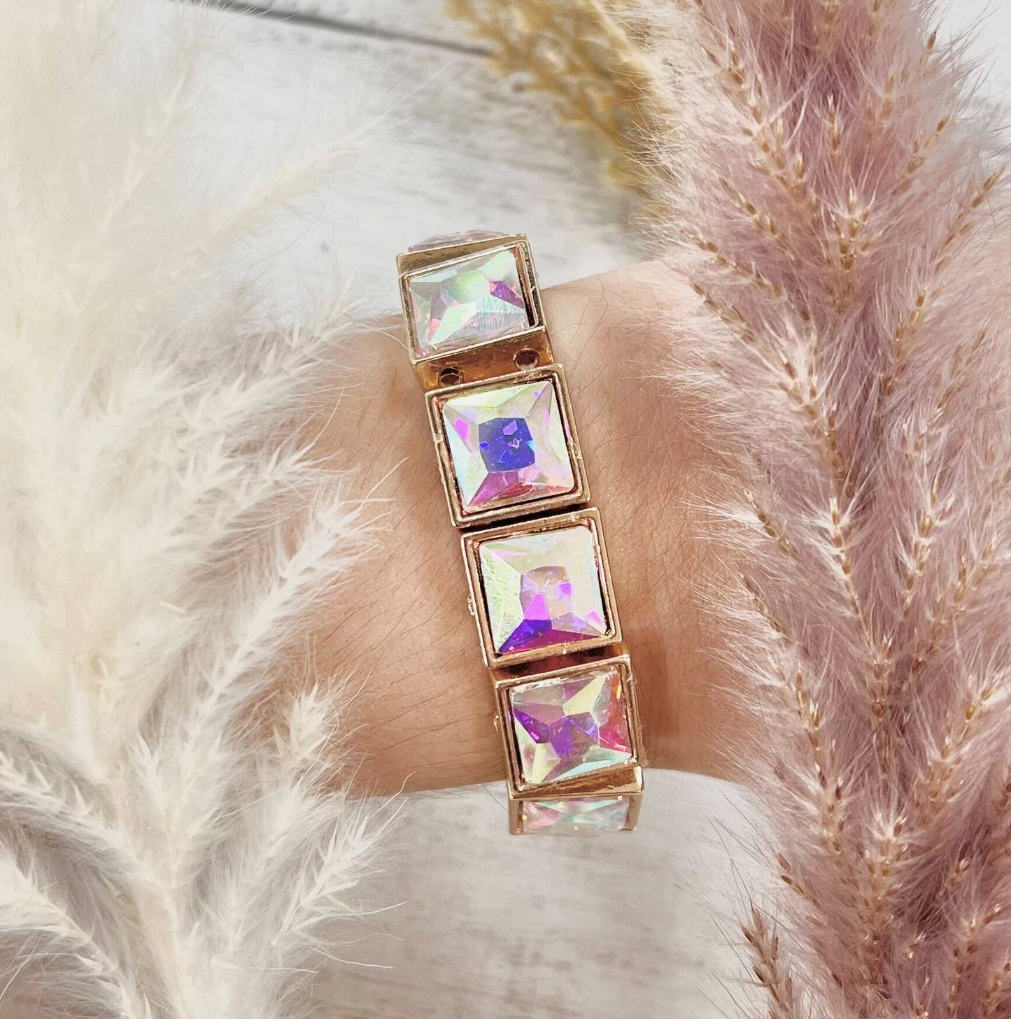 Date Night Square Gemstone Stretch Bracelet: Aurora Borealis / One Size