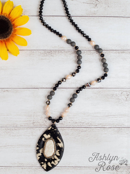 The Git Up Teardrop Beaded Necklace with Center Bedazzled Stone, Black Cow Hide: Black / One Size