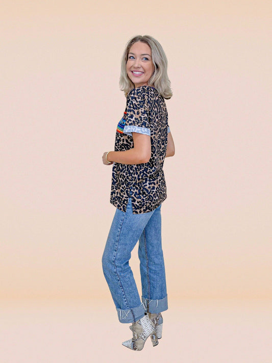 Leopard Top with Serape Pocket: Leopard / Small