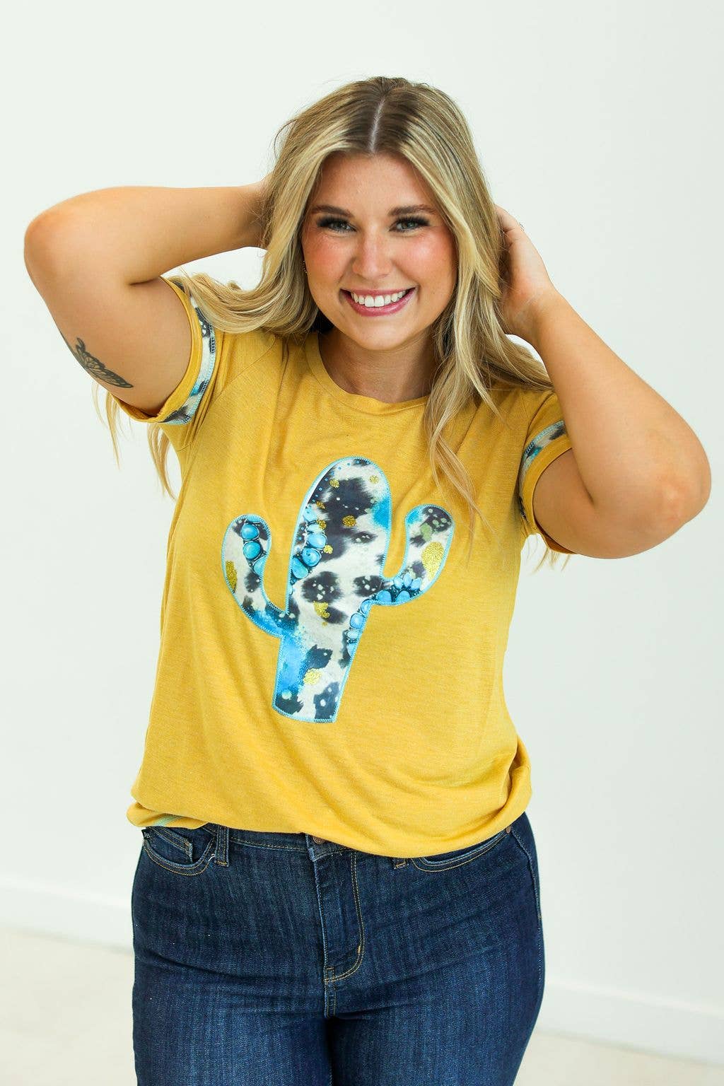 Cactus and Turquoise on Mustard Tee with Cowprint: Yellow / S