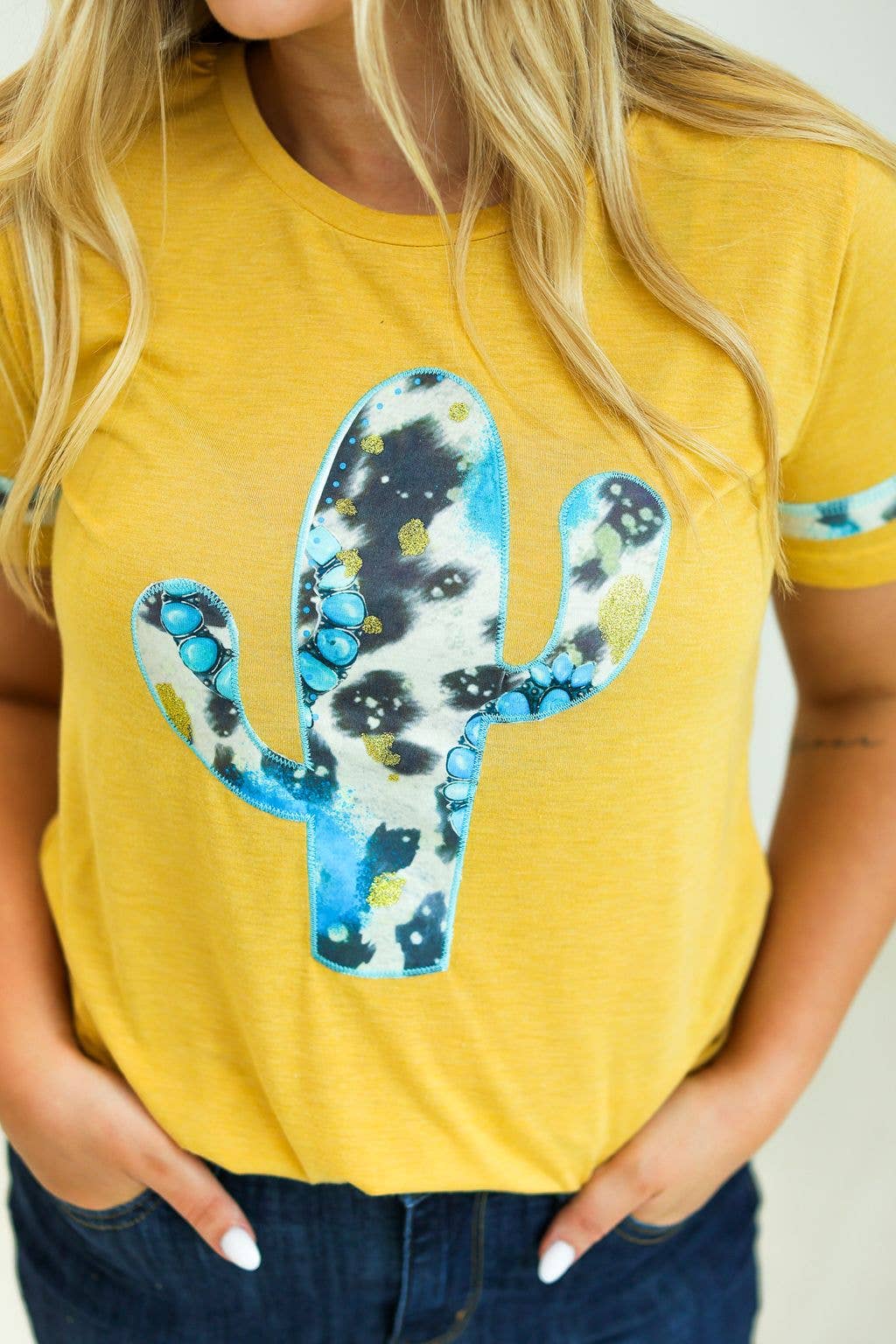 Cactus and Turquoise on Mustard Tee with Cowprint: Yellow / S