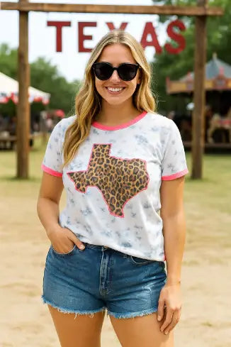 Leopard Texas on Marble & Pink Ringer Tee: White / Medium