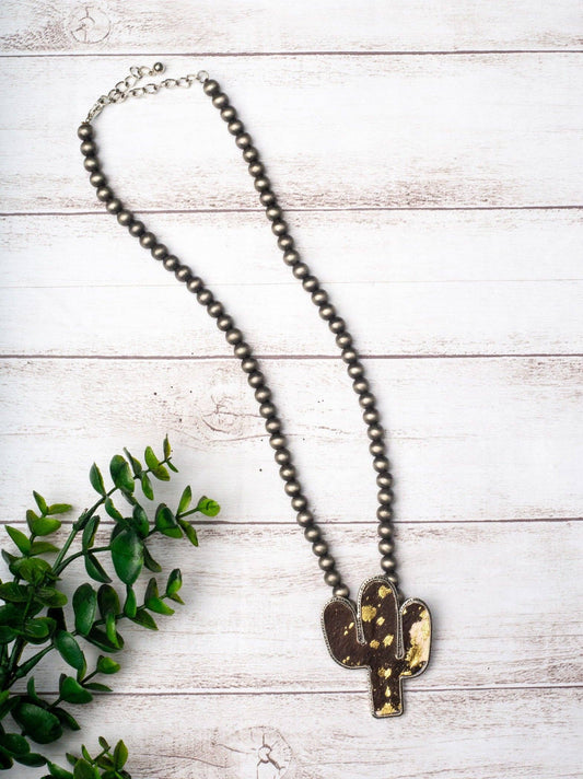 WANTED AND WILD BLACK COWHIDE CACTUS PENDANT ON NAVAJO PEARLS NECKLACE: Black / One Size