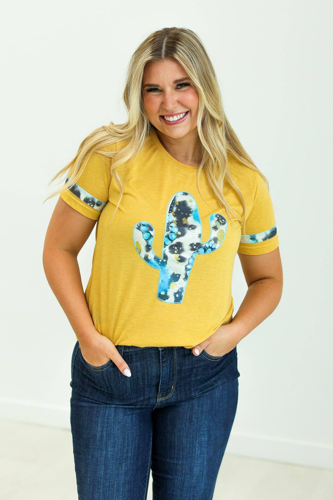 Cactus and Turquoise on Mustard Tee with Cowprint: Yellow / S