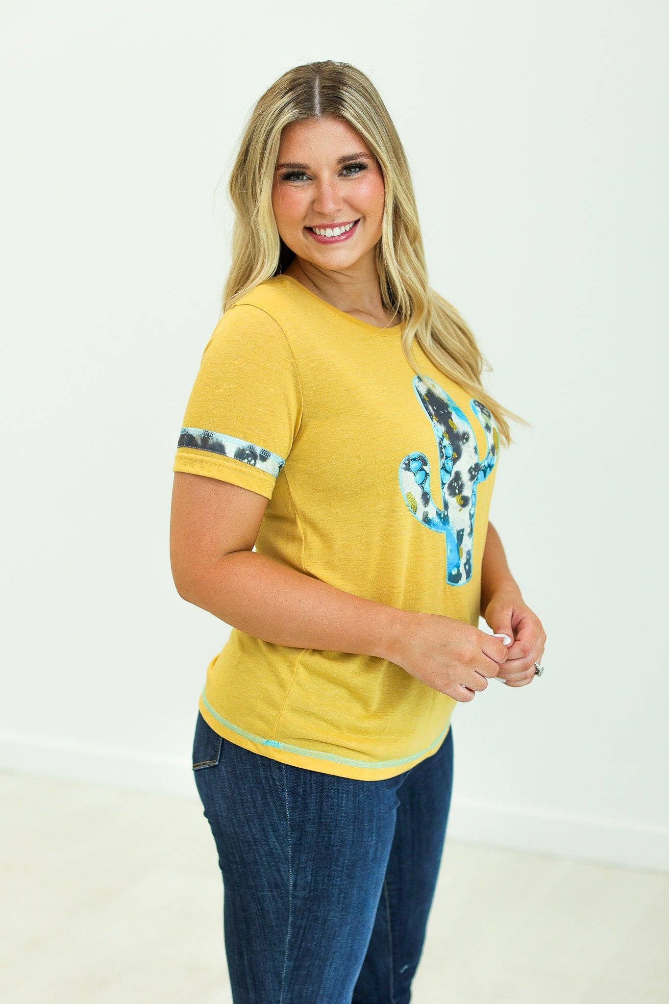 Cactus and Turquoise on Mustard Tee with Cowprint: Yellow / S