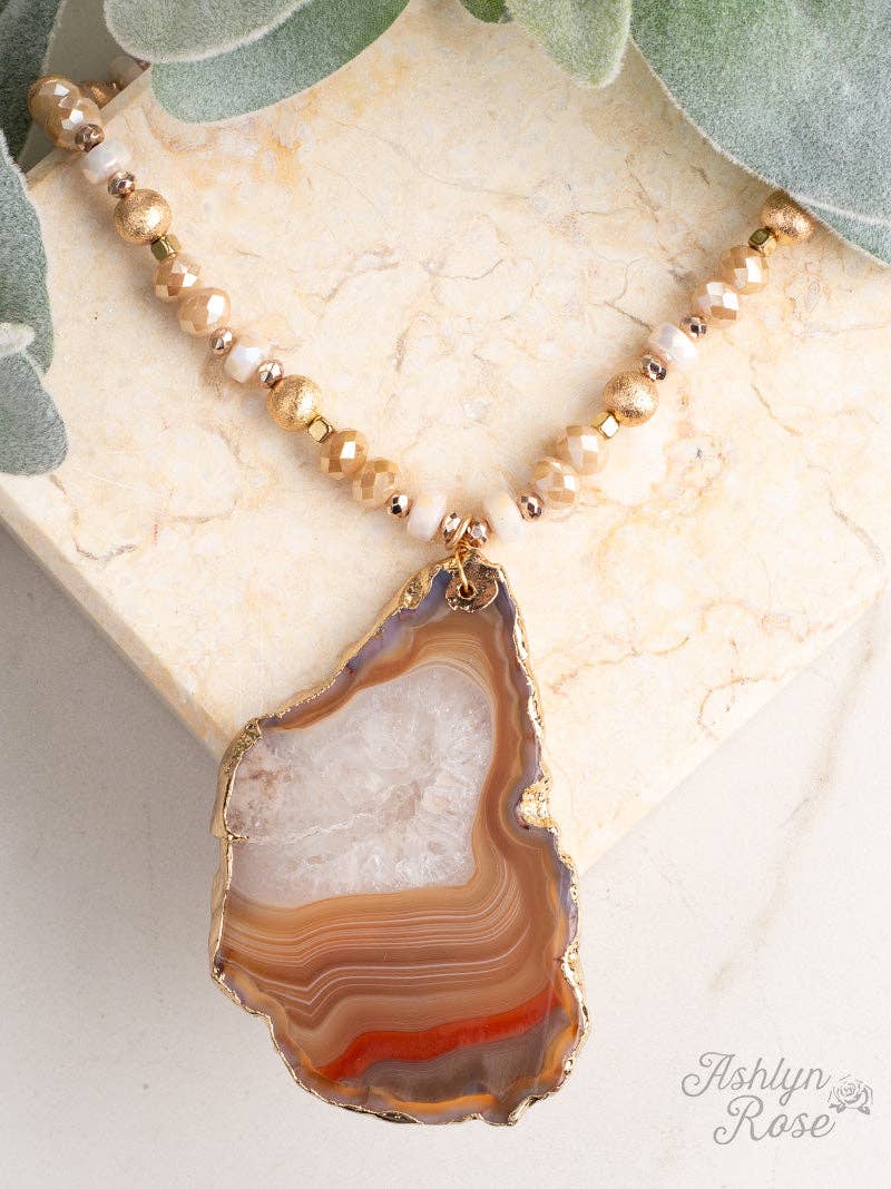 Glam in the Sand Beige Beaded Necklace with Natural Stone Pendant: Beige / One Size