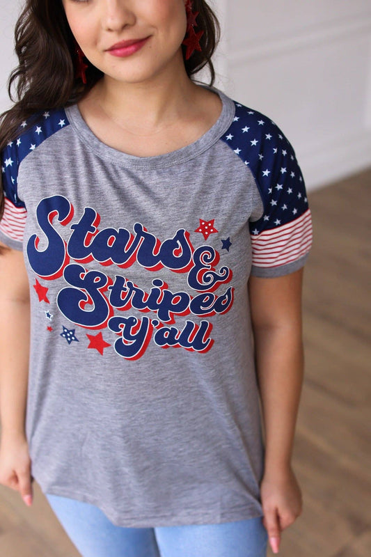 Stars & Stripes Y'all Raglan Tee: Mix Pattern